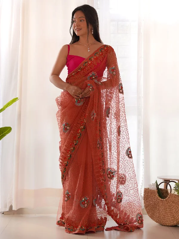 Women's Net Orange Embellished Designer Saree With Blouse Piece Chic Ruffle Blouse