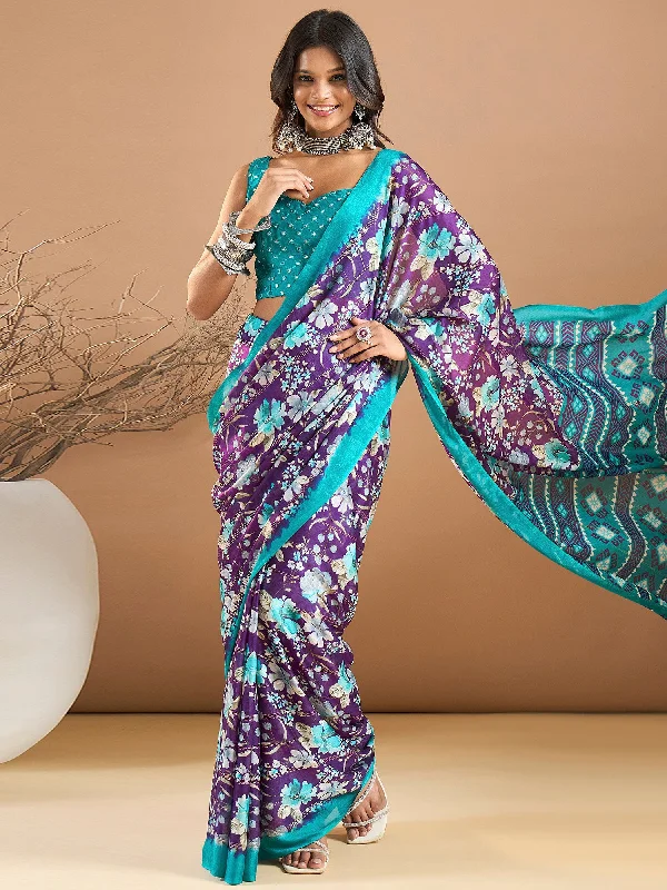 Women's Georgette Purple Printed Designer Saree With Blouse Piece Smart Business Blouse Women's Georgette Purple Printed Designer Saree With Blouse Piece Smart Business Blouse