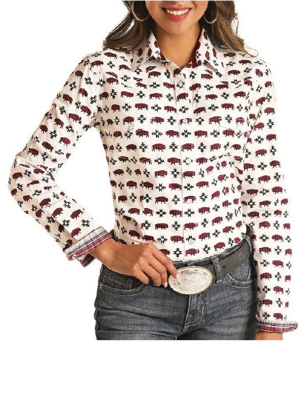 Panhandle R4S2510 Womens Long Sleeve Aztec Buffalo Print Snap Shirt Natural-- Striped Floral Plaid