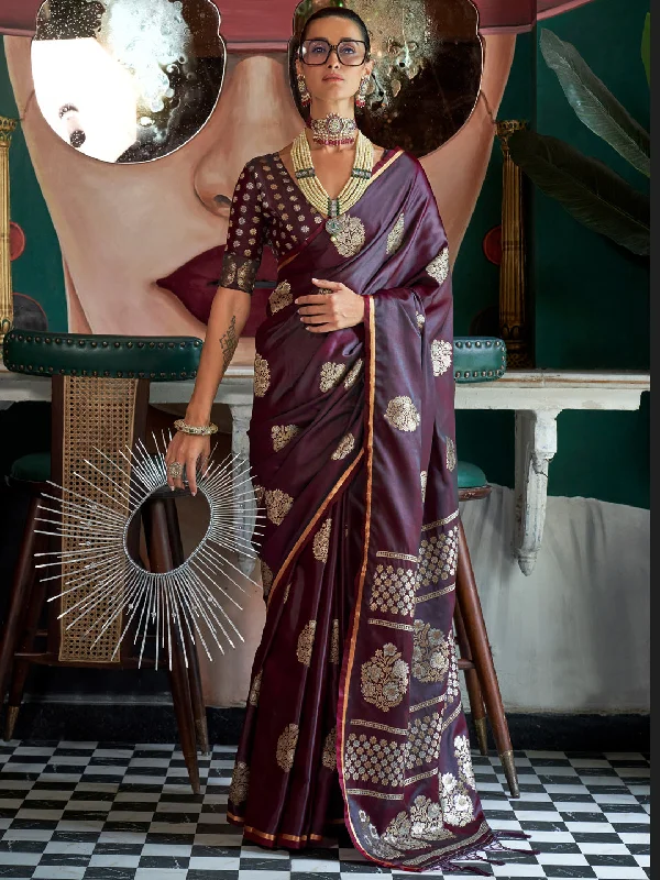 Women's Satin Silk Burgundy Woven Design Designer Saree With Blouse Piece Relaxed Fit Blouse Women's Satin Silk Burgundy Woven Design Designer Saree With Blouse Piece Relaxed Fit Blouse