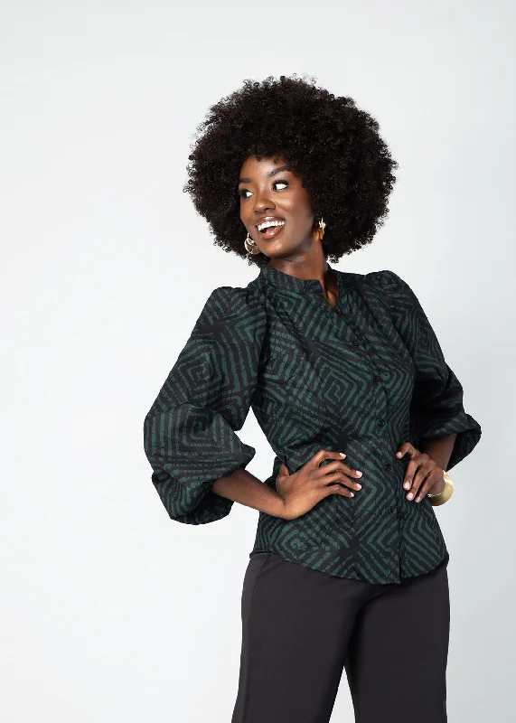 Kari Women's African Print Blouse (Malachite Diamond Adire) Lightweight Chiffon Blouse Kari Women's African Print Blouse (Malachite Diamond Adire) Lightweight Chiffon Blouse