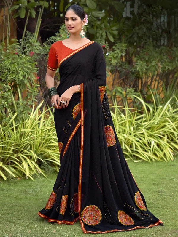 Women's Georgette Black Embellished Ready to Wear With Blouse Piece Lightweight Floral Blouse Women's Georgette Black Embellished Ready to Wear With Blouse Piece Lightweight Floral Blouse