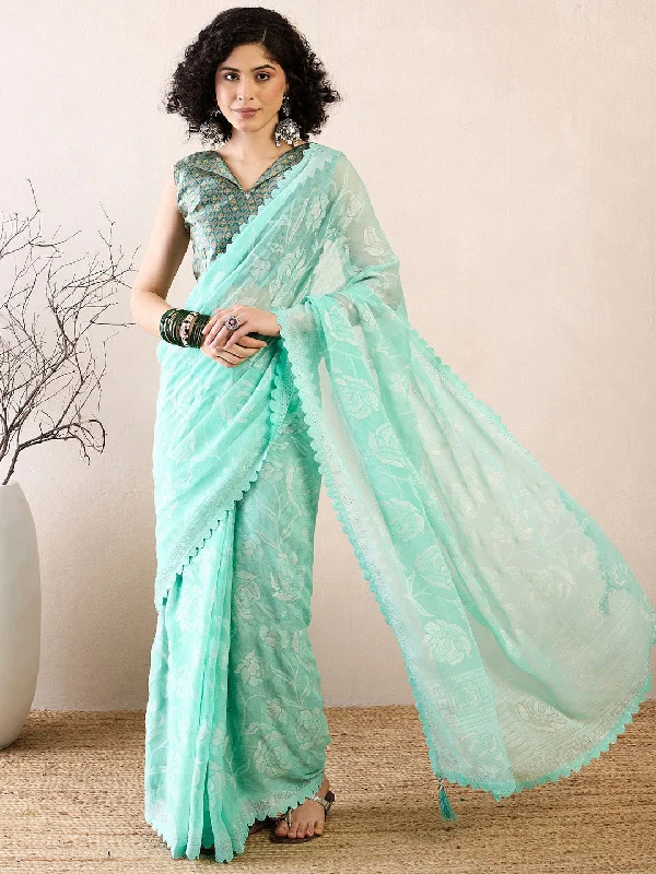 Women's Chiffon Sea Green Embellished Ready to Wear With Blouse Piece Subtle Shimmer Blouse