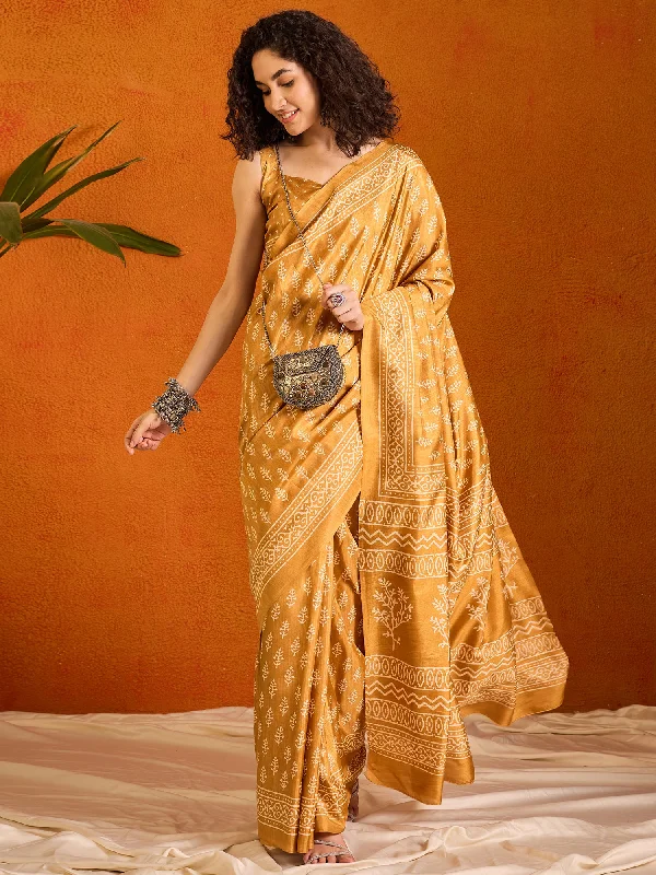 Women's Cotton Blend Mustard Printed Designer Saree With Blouse Piece Elegant Semi-Sheer Blouse Women's Cotton Blend Mustard Printed Designer Saree With Blouse Piece Elegant Semi-Sheer Blouse