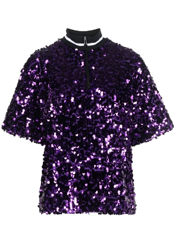 SEQUINED SHORT-SLEEVE T-SHIRT-- Collared Crew Neck Turtle Neck