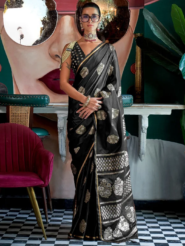 Women's Satin Silk Black Woven Design Designer Saree With Blouse Piece Bell Sleeve Blouse Women's Satin Silk Black Woven Design Designer Saree With Blouse Piece Bell Sleeve Blouse