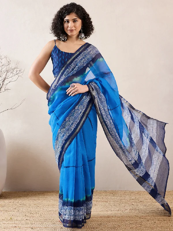 Women's Cotton Blend Navy Blue Printed Celebrity Saree With Blouse Piece Boho Printed Blouse Women's Cotton Blend Navy Blue Printed Celebrity Saree With Blouse Piece Boho Printed Blouse