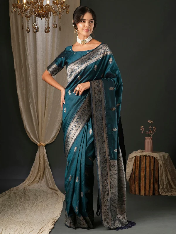 Women's Silk Blend Teal blue Woven Design Designer Saree With Blouse Piece Vintage Lace Blouse Women's Silk Blend Teal blue Woven Design Designer Saree With Blouse Piece Vintage Lace Blouse