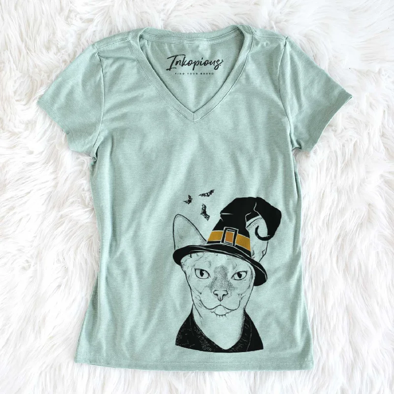 Witch Oliver Watson the Sphynx Cat - Women's V-neck Shirt-- Welt Pockets Slit Pockets Flap Pockets Witch Oliver Watson the Sphynx Cat - Women's V-neck Shirt-- Welt Pockets Slit Pockets Flap Pockets