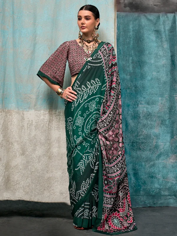 Women's Crepe Green Printed Designer Saree With Blouse Piece Semi-Sheer Blouse