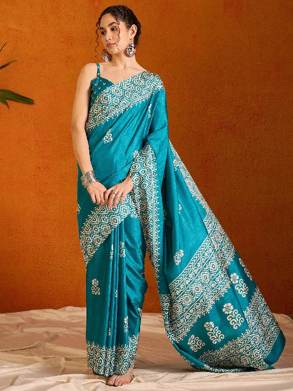Women's Cotton Blend Light Blue Printed Designer Saree With Blouse Piece Satin Bow Blouse