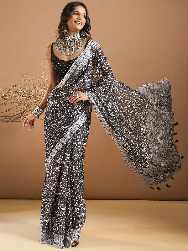 Women's Georgette Black Printed Designer Saree With Blouse Piece Asymmetric Hem Blouse Women's Georgette Black Printed Designer Saree With Blouse Piece Asymmetric Hem Blouse
