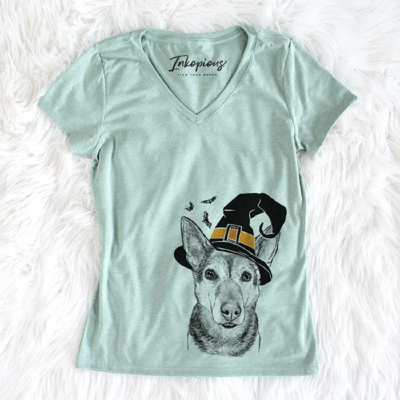 Witch Sammie the Mixed Breed - Women's V-neck Shirt-- Fleece Fabric Down Fabric Feather Fabric Witch Sammie the Mixed Breed - Women's V-neck Shirt-- Fleece Fabric Down Fabric Feather Fabric