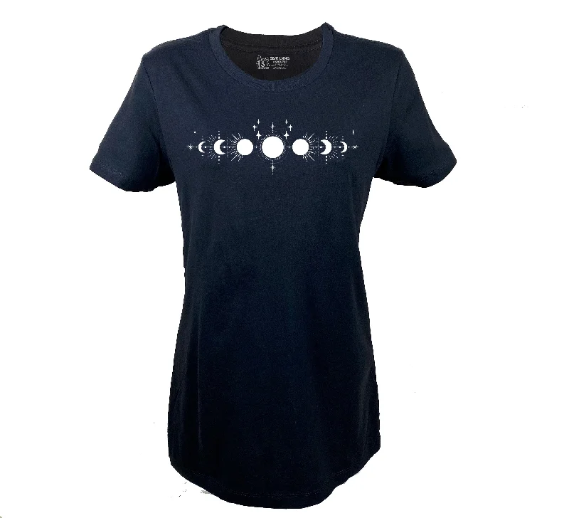 Moon Phase Ladies Relaxed Fit Black T-Shirt Infused with Moonstone, Amethyst and Labradorite-- Houndstooth Herringbone Solid Moon Phase Ladies Relaxed Fit Black T-Shirt Infused with Moonstone, Amethyst and Labradorite-- Houndstooth Herringbone Solid