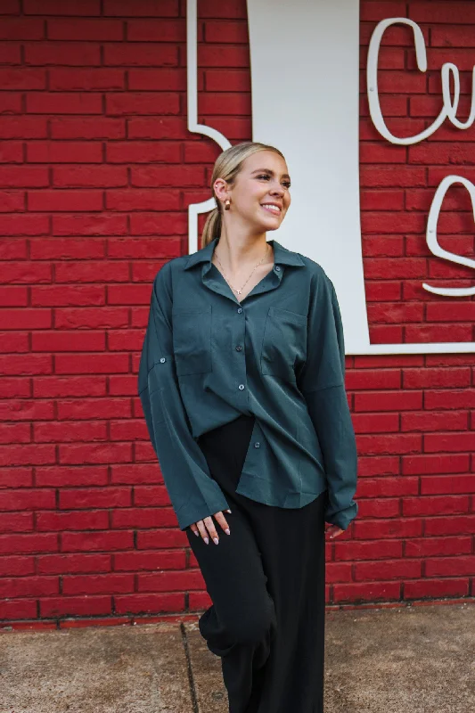 Coffee Talk Hunter Green Blouse Satin Bow Blouse
