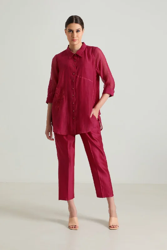 Carnation Embroided Shirt And Silk Chanderi Pant-- Cotton Fabric Linen Fabric Terry Fabric