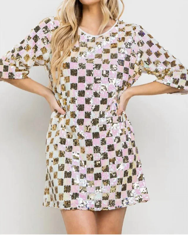 Checkerboard Sequin Mini Dress In Pink Trendy Off-Shoulder Dress Mini