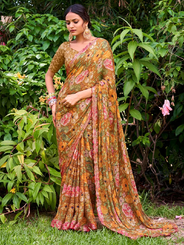 Women's Chiffon Camel Brown Embellished Designer Saree With Blouse Piece Sheer Sleeve Blouse Women's Chiffon Camel Brown Embellished Designer Saree With Blouse Piece Sheer Sleeve Blouse