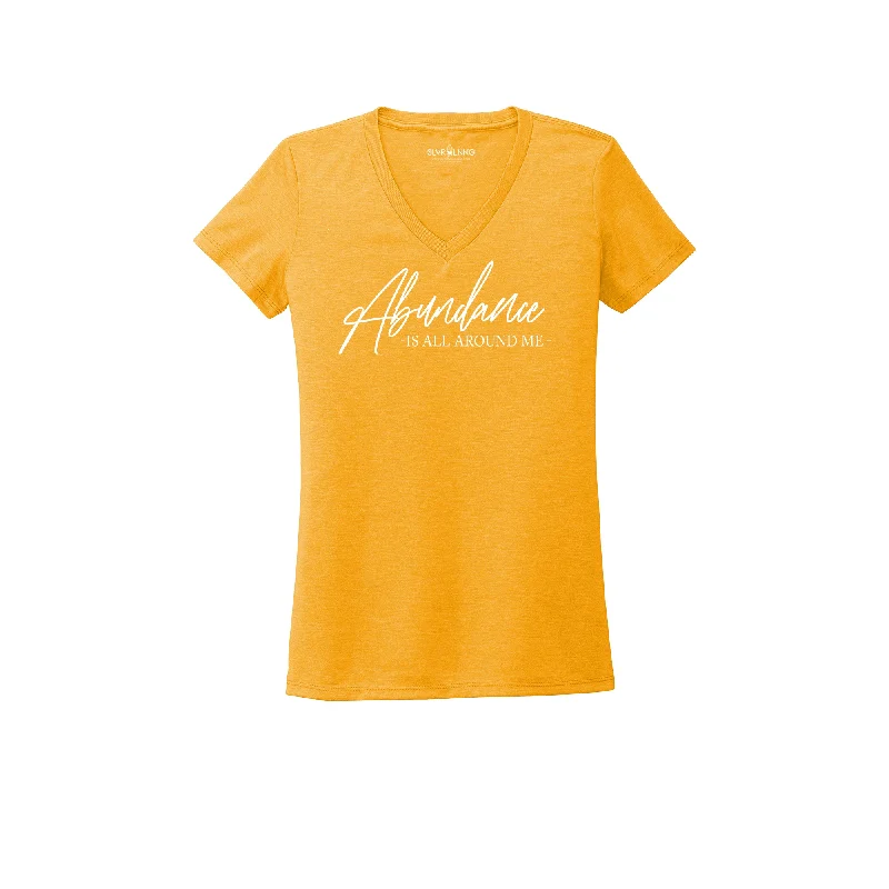 Abundance Ladies Recycled Tri-Blend V-neck T-Shirt Infused with Citrine and Clear Quartz-- Graphic Embroidered Appliqued Abundance Ladies Recycled Tri-Blend V-neck T-Shirt Infused with Citrine and Clear Quartz-- Graphic Embroidered Appliqued