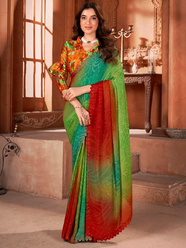 Women's Georgette Orange Printed Designer Saree With Blouse Piece Sweetheart Neck Blouse Women's Georgette Orange Printed Designer Saree With Blouse Piece Sweetheart Neck Blouse