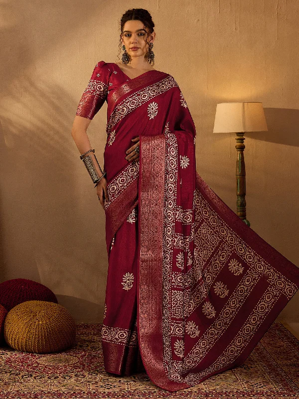 Women's Silk Blend Maroon Printed Designer Saree With Blouse Piece Sleeveless Summer Blouse Women's Silk Blend Maroon Printed Designer Saree With Blouse Piece Sleeveless Summer Blouse