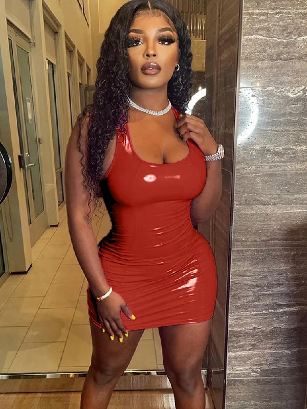 Sexy Red Faux Patent Leather Bodycon Mini Dress Elegant Off-Shoulder Dress Mini