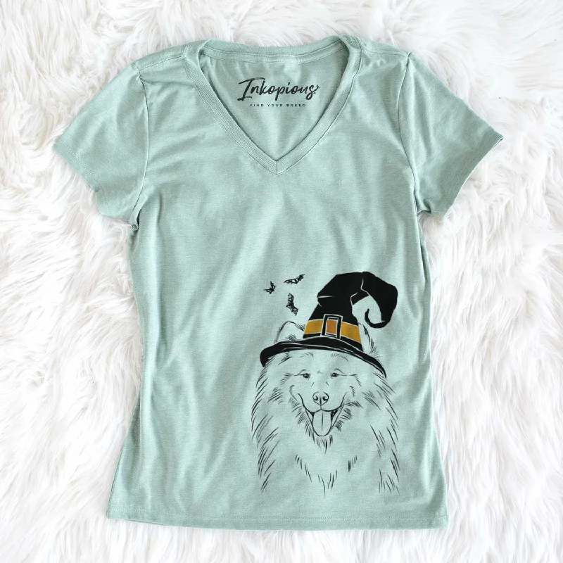 Witch Mikko the Samoyed - Women's V-neck Shirt-- Polka Dot Checkered Tartan