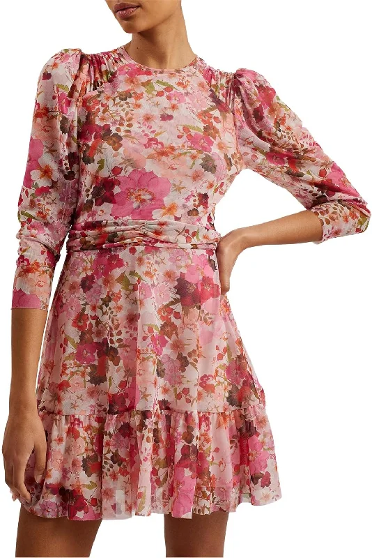 Ted Baker Women's Mildrd Mesh Mini Dress with Shoulder Gathers, Pink Elegant Off-Shoulder Dress Mini