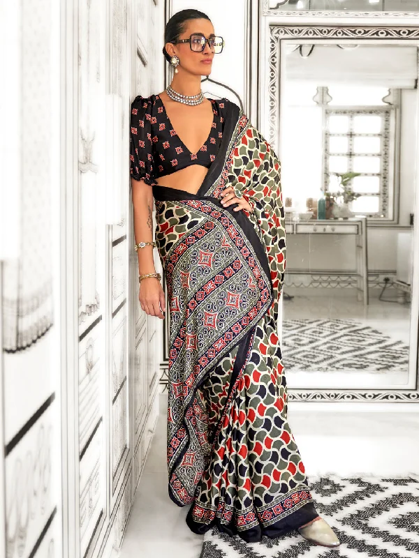 Women's Crepe Olive Printed Designer Saree With Blouse Piece Vintage Lace Blouse