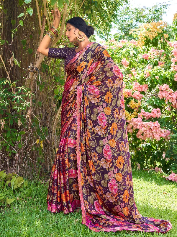Women's Chiffon Purple Embellished Designer Saree With Blouse Piece Delicate Pleat Blouse Women's Chiffon Purple Embellished Designer Saree With Blouse Piece Delicate Pleat Blouse