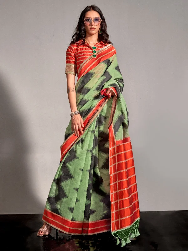 Women's Silk Blend Light Green Woven Design Designer Saree With Blouse Piece Cotton Casual Blouse