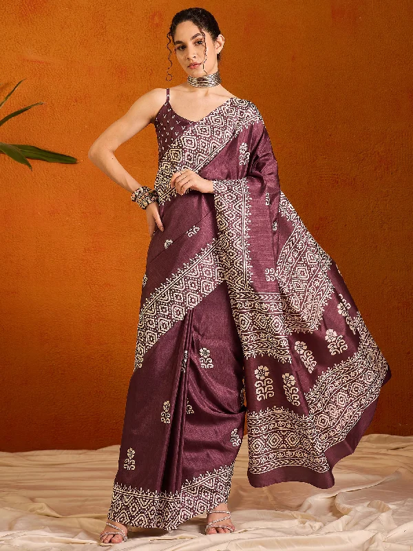 Women's Cotton Blend Burgundy Printed Designer Saree With Blouse Piece Smart Casual Blouse Women's Cotton Blend Burgundy Printed Designer Saree With Blouse Piece Smart Casual Blouse
