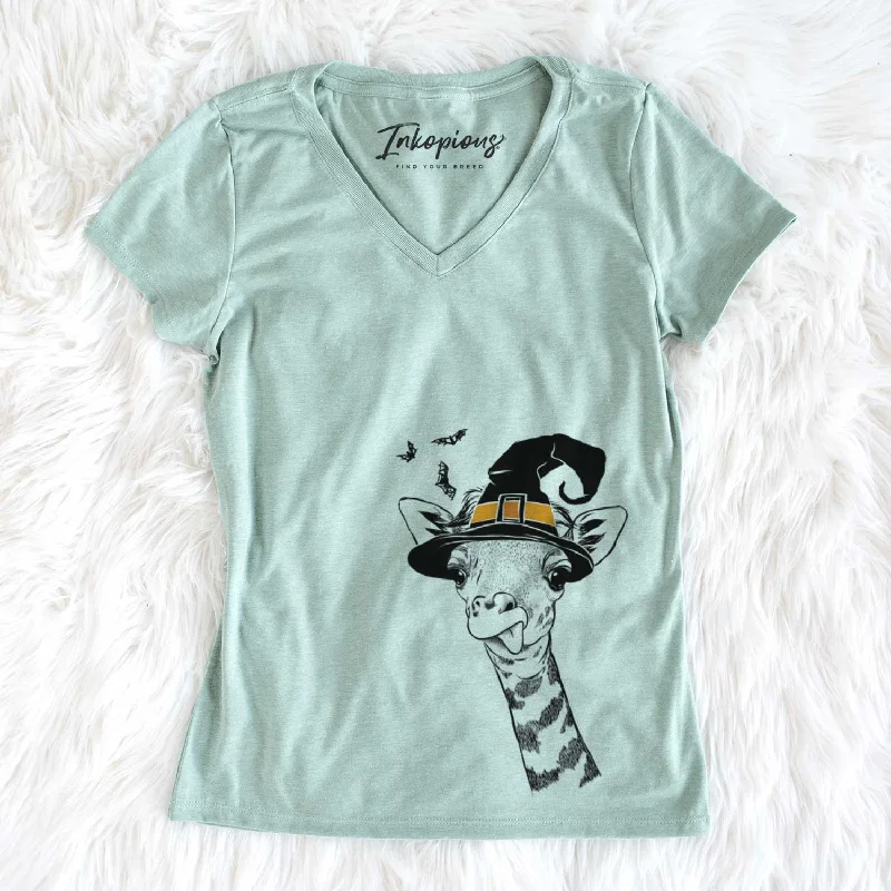 Witch Mel the Baby Giraffe - Women's V-neck Shirt-- Faux Fur Fabric Real Fur Fabric Shearling Fabric Witch Mel the Baby Giraffe - Women's V-neck Shirt-- Faux Fur Fabric Real Fur Fabric Shearling Fabric
