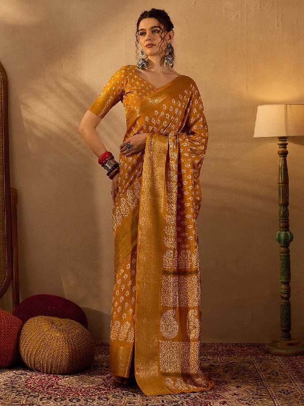 Women's Silk Blend Mustard Printed Designer Saree With Blouse Piece Ruffled Neck Blouse Women's Silk Blend Mustard Printed Designer Saree With Blouse Piece Ruffled Neck Blouse