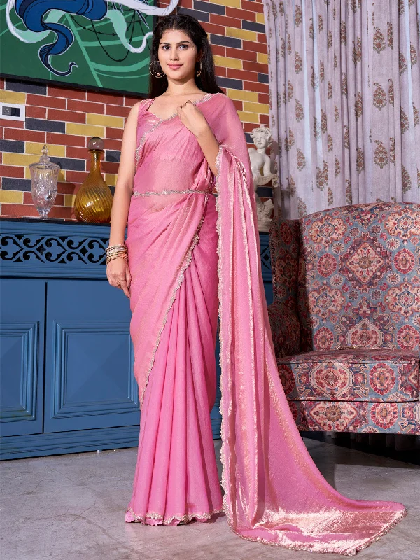 Women's Pure Chiffon Pink Embellished Designer Saree With Blouse Piece Versatile Layering Blouse Women's Pure Chiffon Pink Embellished Designer Saree With Blouse Piece Versatile Layering Blouse