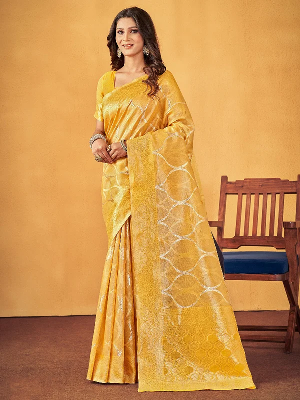 Women's Cotton Yellow Woven Design Designer Saree With Blouse Piece Satin Bow Blouse Women's Cotton Yellow Woven Design Designer Saree With Blouse Piece Satin Bow Blouse