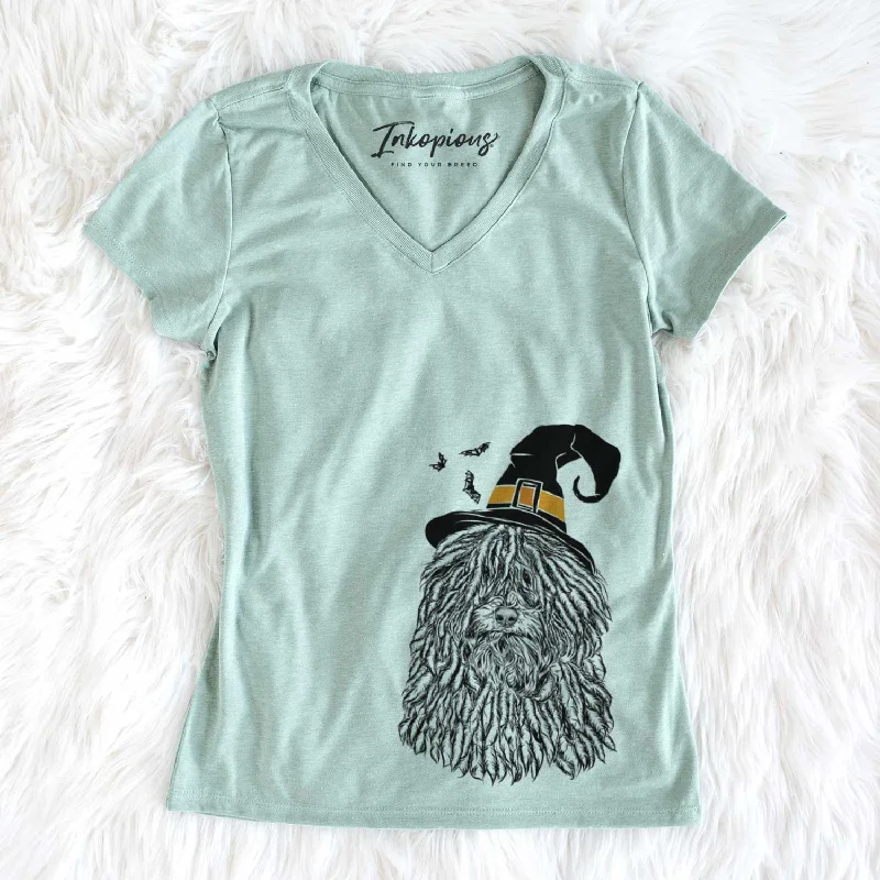 Witch Rezi the Puli - Women's V-neck Shirt-- Polka Dot Checkered Tartan