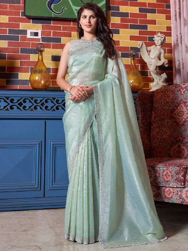 Women's Pure Silk Sea Green Embellished Designer Saree With Blouse Piece Classic White Blouse Women's Pure Silk Sea Green Embellished Designer Saree With Blouse Piece Classic White Blouse