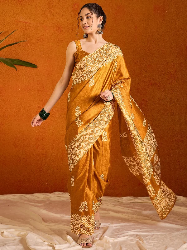 Women's Cotton Blend Mustard Printed Designer Saree With Blouse Piece Chic Sleeveless Blouse Women's Cotton Blend Mustard Printed Designer Saree With Blouse Piece Chic Sleeveless Blouse