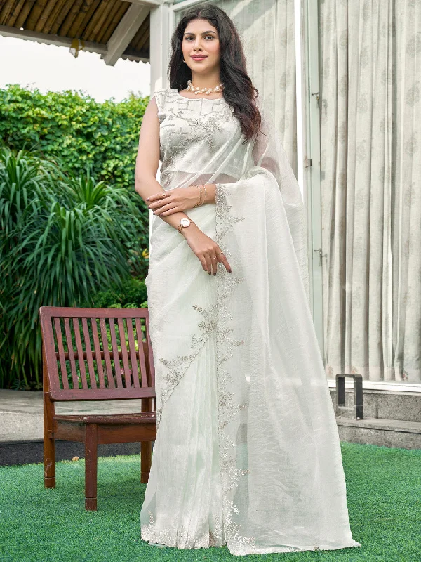 Women's Organza Off White Embellished Designer Saree With Blouse Piece Playful Puff Blouse Women's Organza Off White Embellished Designer Saree With Blouse Piece Playful Puff Blouse