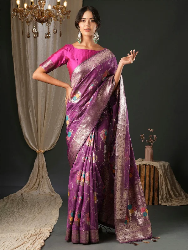Women's Organza Pink Woven Design Designer Saree With Blouse Piece Classic White Blouse Women's Organza Pink Woven Design Designer Saree With Blouse Piece Classic White Blouse