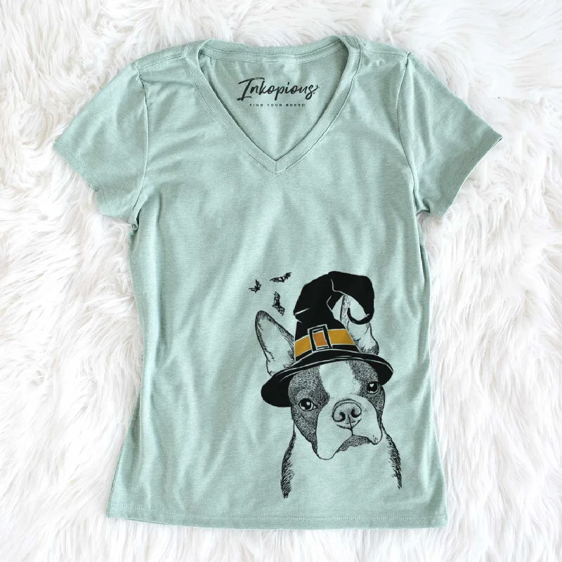 Witch Samuel the Boston Terrier - Women's V-neck Shirt-- Spandex Blend Rayon Blend Denim Blend Witch Samuel the Boston Terrier - Women's V-neck Shirt-- Spandex Blend Rayon Blend Denim Blend