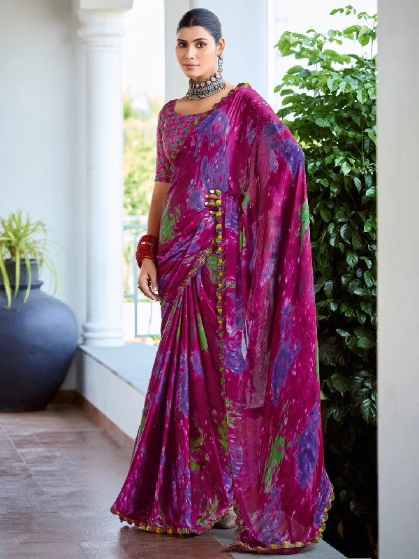 Women's Satin Silk Magenta Printed Designer Saree With Blouse Piece Chic Square Blouse Women's Satin Silk Magenta Printed Designer Saree With Blouse Piece Chic Square Blouse