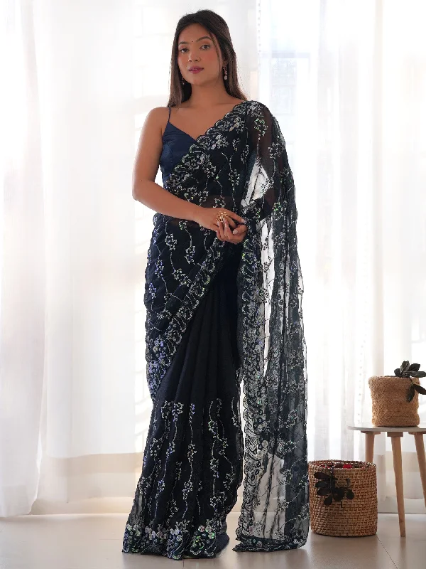 Women's Georgette Navy Blue Embellished Designer Saree With Blouse Piece Vintage Lace Blouse Women's Georgette Navy Blue Embellished Designer Saree With Blouse Piece Vintage Lace Blouse