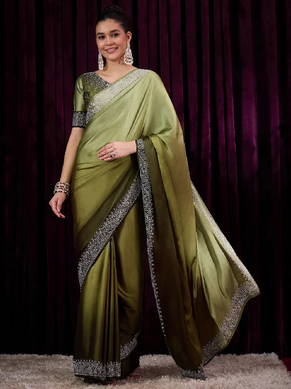 Women's Satin Silk Olive Embellished Designer Saree With Blouse Piece Delicate Bow Blouse Women's Satin Silk Olive Embellished Designer Saree With Blouse Piece Delicate Bow Blouse