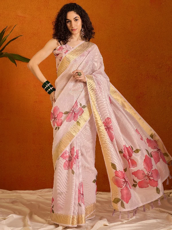 Women's Organza Mauve Printed Designer Saree With Blouse Piece Short Sleeve Blouse