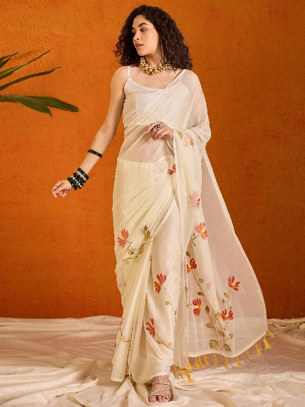 Women's Chiffon Off White Printed Designer Saree With Blouse Piece Ruched Sleeve Blouse Women's Chiffon Off White Printed Designer Saree With Blouse Piece Ruched Sleeve Blouse