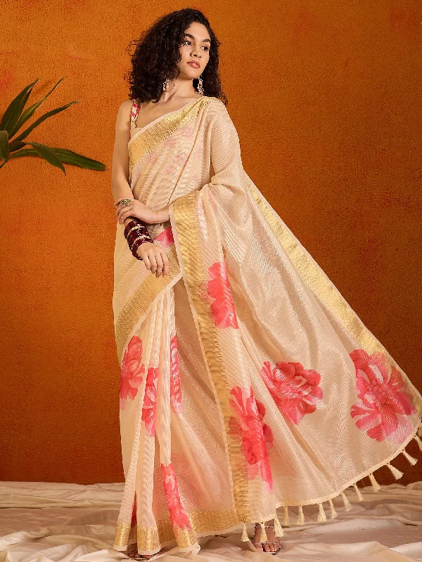 Women's Organza Beige Printed Designer Saree With Blouse Piece Peter Pan Collar Blouse Women's Organza Beige Printed Designer Saree With Blouse Piece Peter Pan Collar Blouse