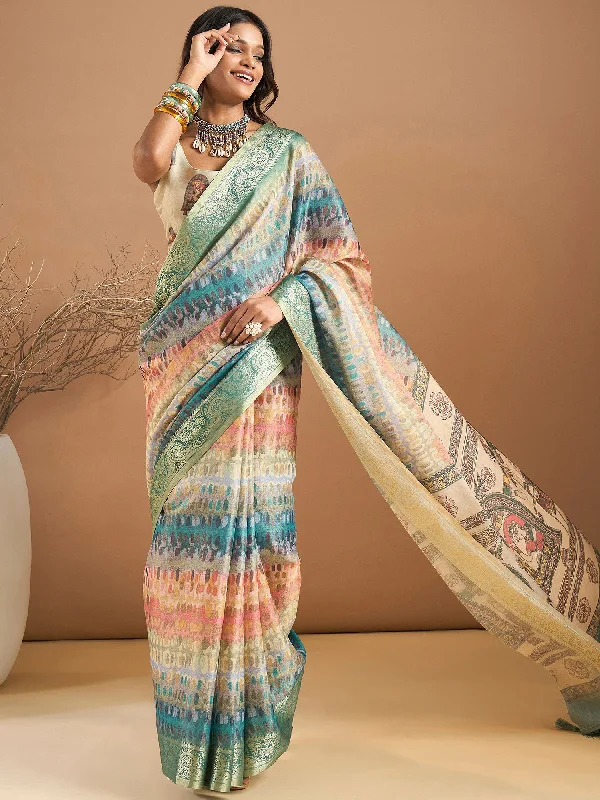 Women's Kanjeevaram Silk Multicolored Printed Designer Saree With Blouse Piece Embroidered Cotton Blouse Women's Kanjeevaram Silk Multicolored Printed Designer Saree With Blouse Piece Embroidered Cotton Blouse