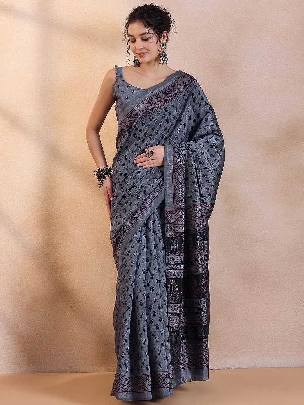 Women's Dola Silk Grey Printed Designer Saree With Blouse Piece Casual Relaxed Blouse Women's Dola Silk Grey Printed Designer Saree With Blouse Piece Casual Relaxed Blouse